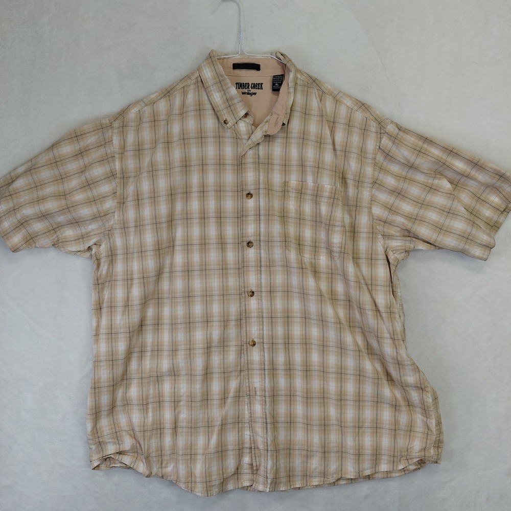 Timber Creek by Wrangler Mens XL Tan White Plaid Short Sleeve Button Down Shirt